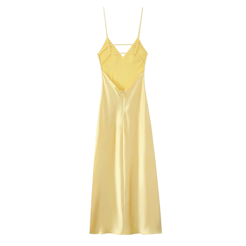 Yellow Satin Dress V Neck Backless For Women Party Evening