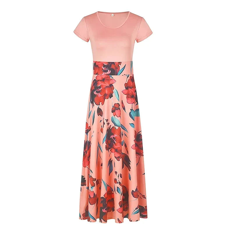 Printed Pleated Maxi Dress With Crew Neck Short Sleeves