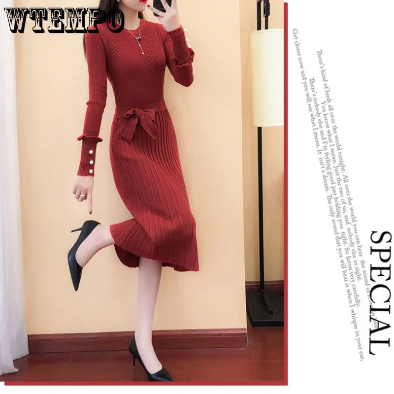 Korean Style Belted Knit Sweater Dress With Long Sleeve