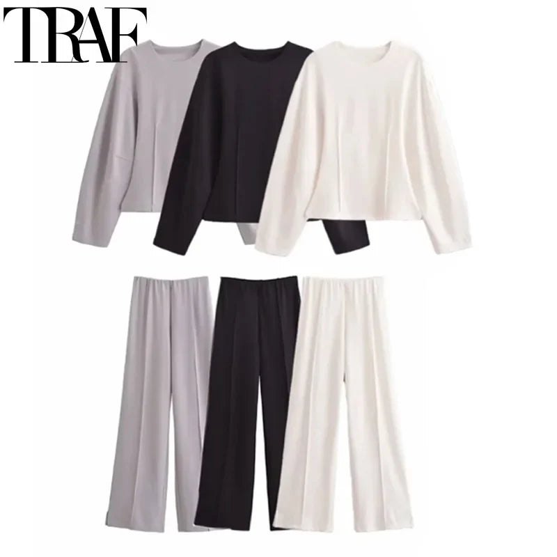 Pleated Long Sleeve Two Piece Pant Set for Women Comfortable Spring Sweatsuit