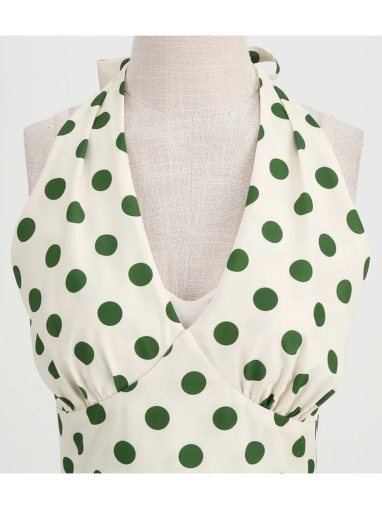 Vintage Polka Dot Halter Dress With Deep V Neck For Summer
