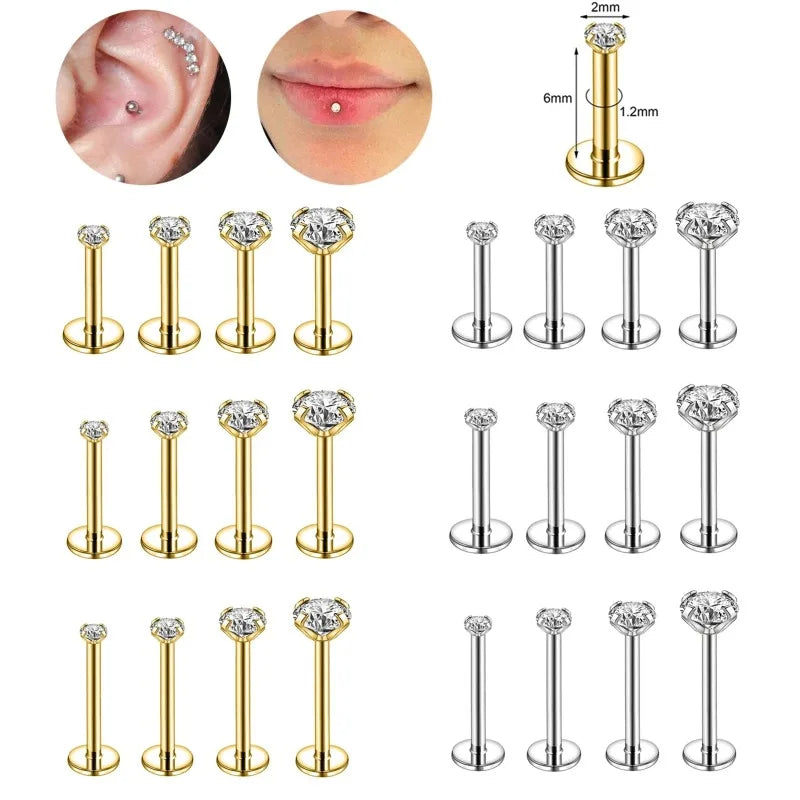 10Pcs 16G Stainless Steel Labret Lip Studs Set with CZ Crystal for Ear Cartilage and Tragus Piercings