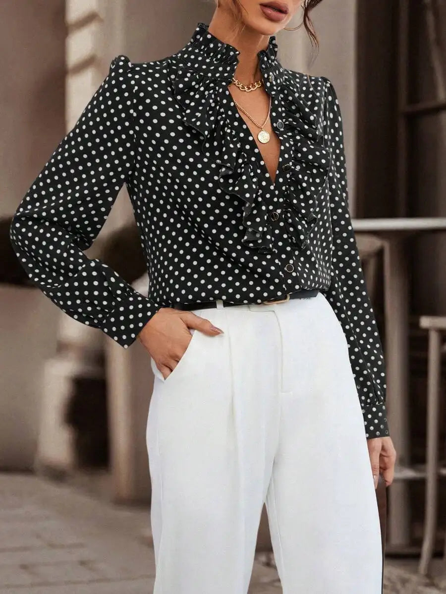 Long Sleeve Polka Dot Button Shirt for Women with Ruffle Detail Elegant Office Blouse Casual Fashion Top