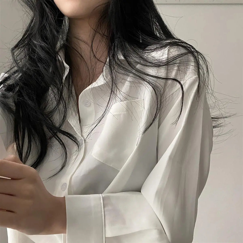 Single Breasted Loose Fit Casual Long Sleeve Shirt Blouse Elegant Solid Color Office Trend Top for Women