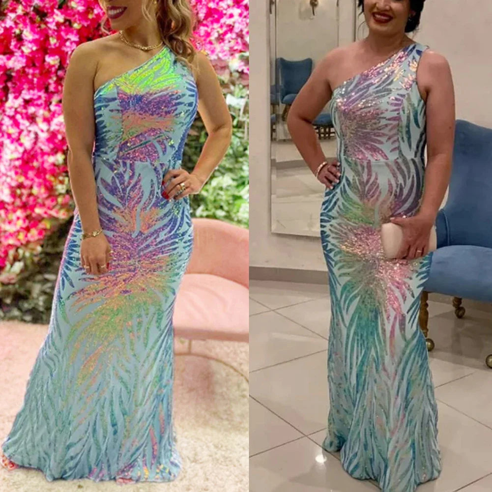 One Shoulder Sequined Maxi Dress For Party Evening Gown