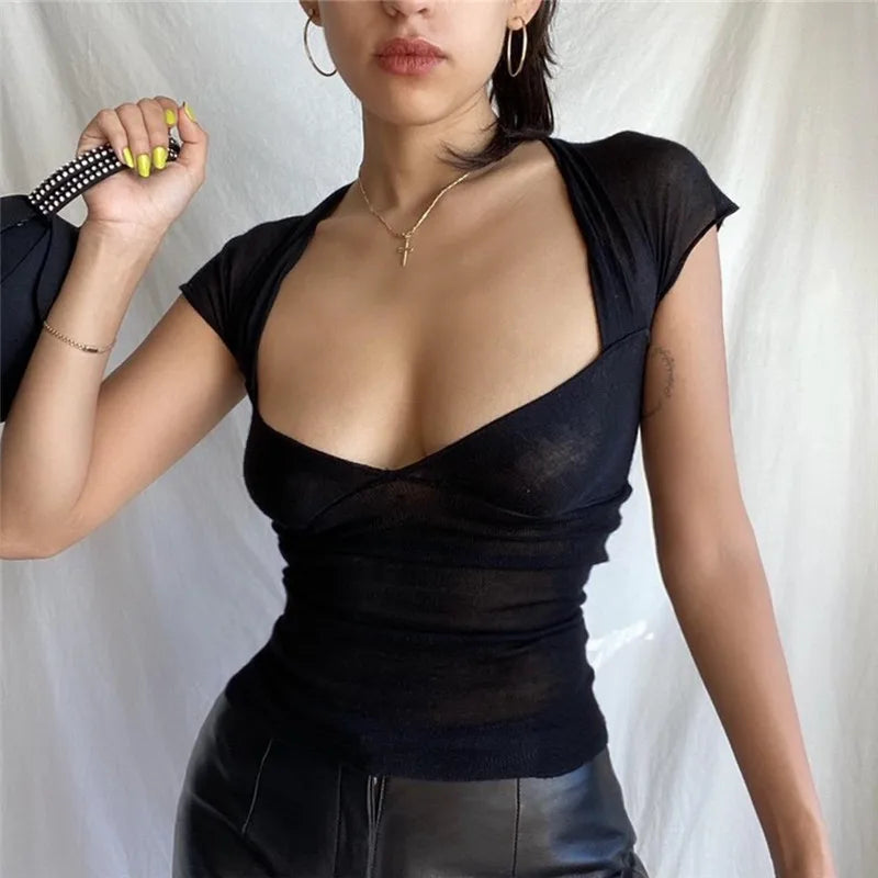 Square Collar Backless Crop Top for Women Short Sleeve Elegant Streetwear Tees