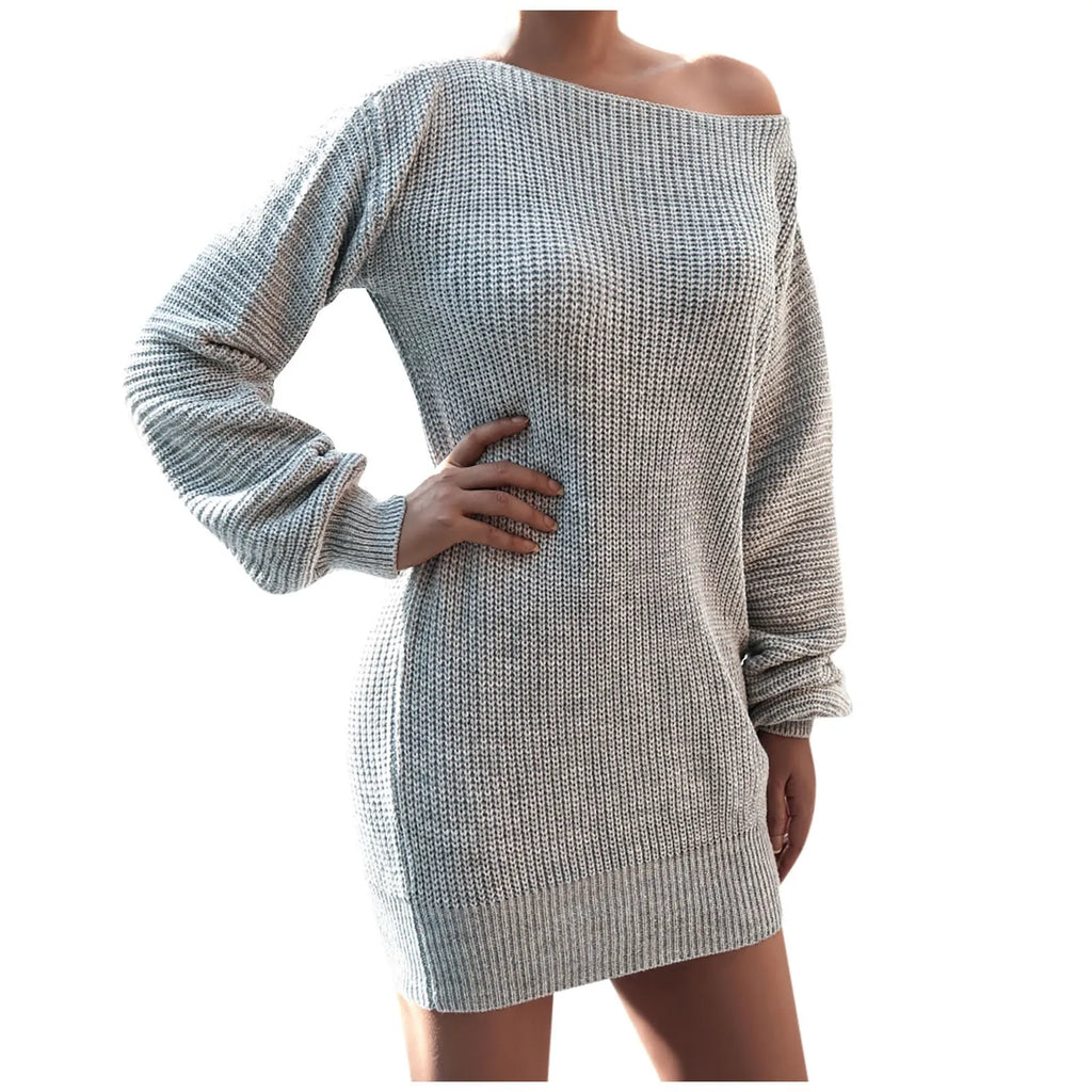 Casual Knit Sweater Dress With One Word Collar For Women