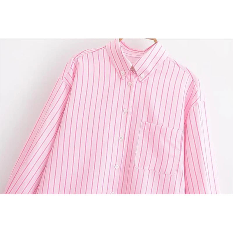 Chic Pink Striped Loose Fit Long Sleeve Blouse for Women Elegant Casual Street Style Shirt