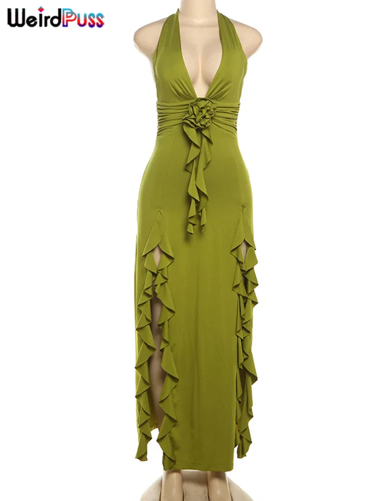 Backless Halter Maxi Bodycon Dress With Tassels And Ruched