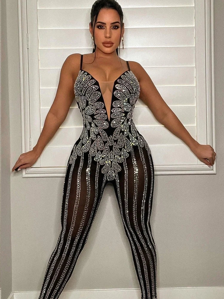 Women's Sparkle Black Rhinestone Spaghetti Strap Jumpsuit Sheer Mesh Sleeveless Crystal Romper Glam Clubwear