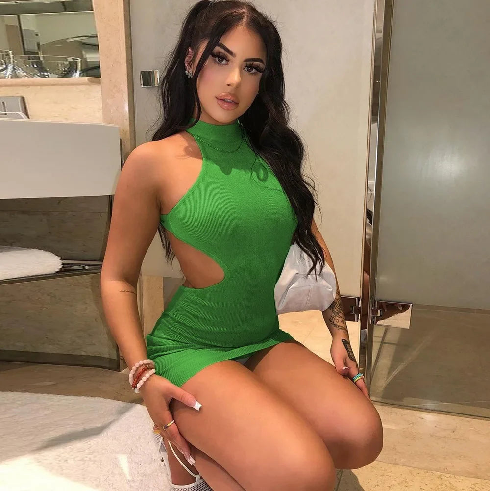 High Neck Hollow Cutout Dress With Back and Bust Details