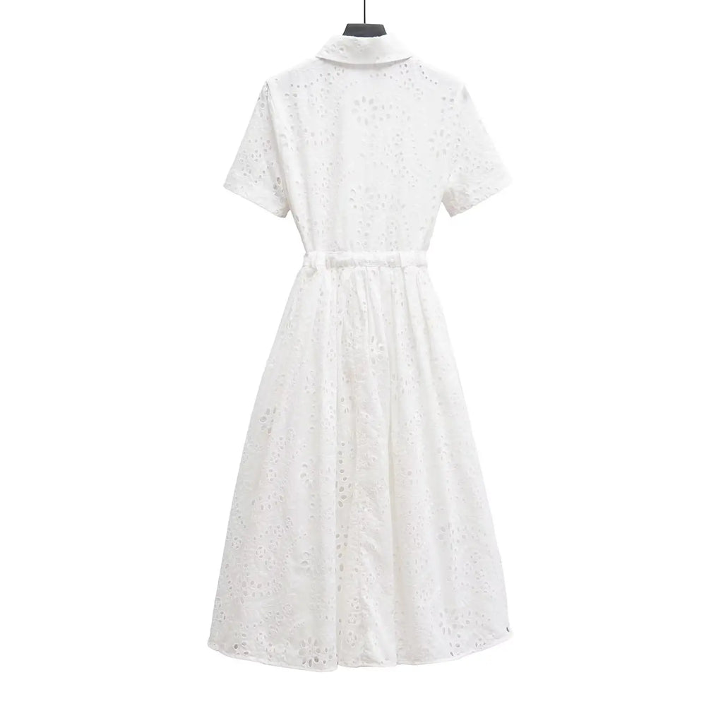 Elegant Eyelet Midi Dress With Belt Tie Short Sleeve