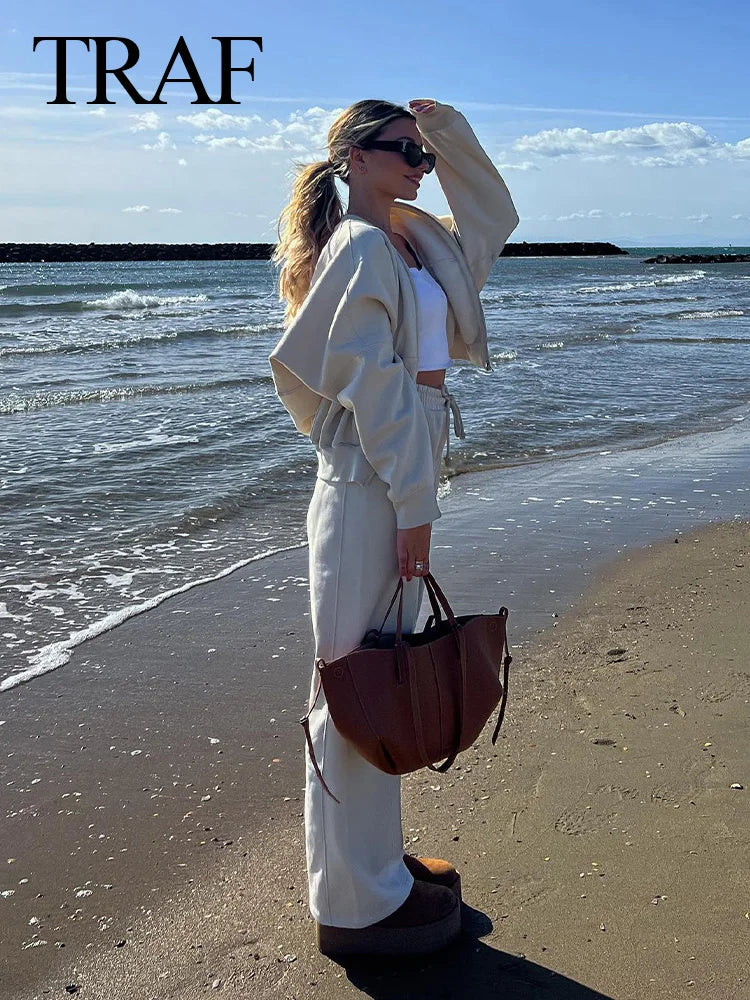 Autumn Women's Thick Hoodie Coat with Drawstring High Waist Loose Casual Pants Set Soft Fleece Lined Streetwear