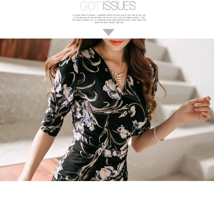 V-Neck Pencil Dress for Women Vintage Print Office Wear