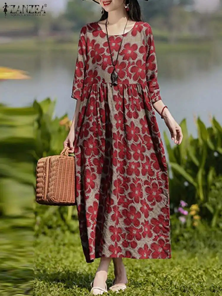 Bohemian Floral Maxi Dress with Three Quarter Sleeves