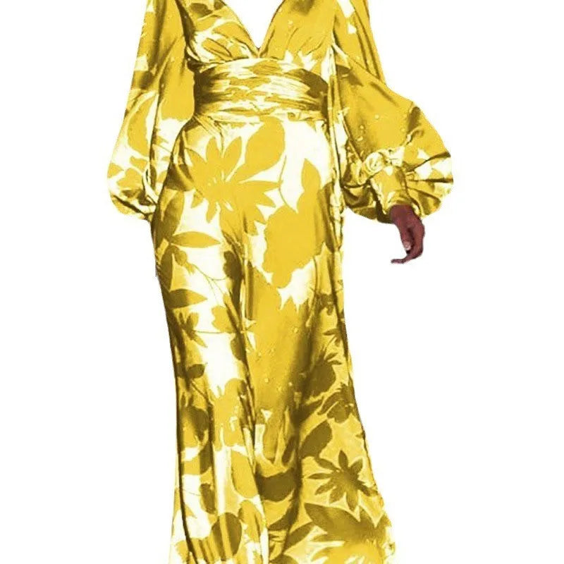 Printed Womens V Neck Lantern Sleeve Long Evening Dress