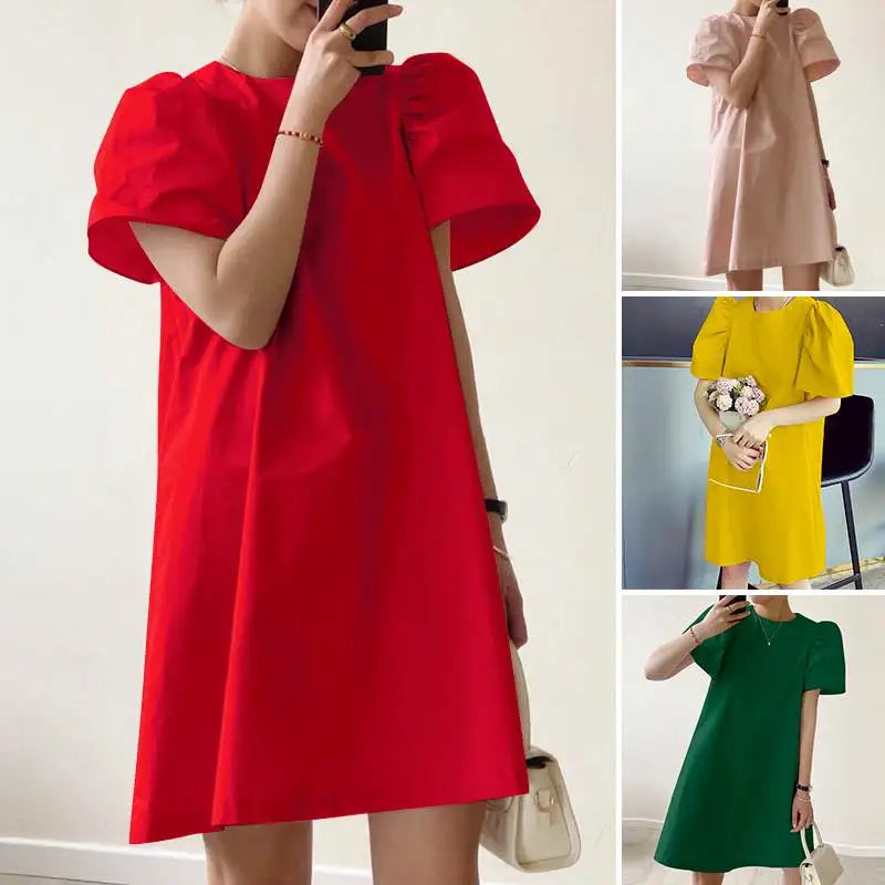 Summer Women Sundress Mini Pleated Puff Sleeve Dress
