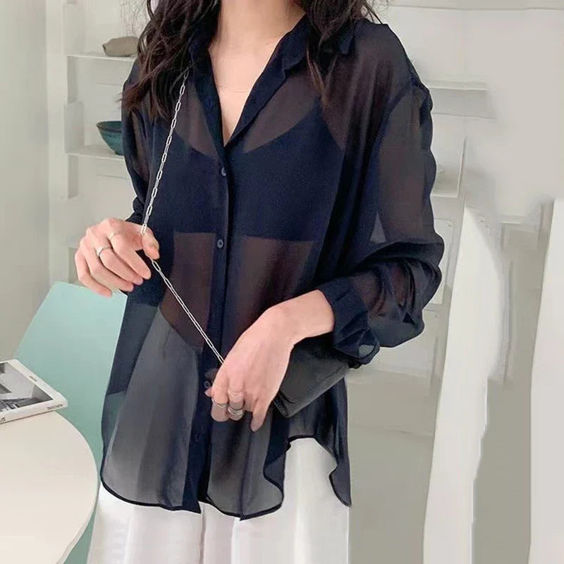 Women's Long Sleeve Chiffon Blouse Lightweight Sun-Proof Casual Top Simple Solid Color Basic Sexy Shirt
