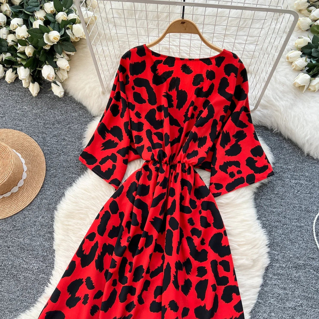 Ruched V Neck Office Dress Long Sleeve For Women Red