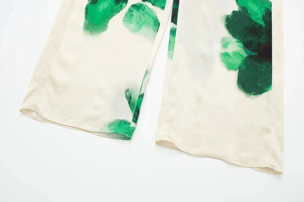 Elegant Floral Print Pant Set With Lapel Long Sleeve Loose Blouse And Drawstring High Waist Wide Leg Pants For Women