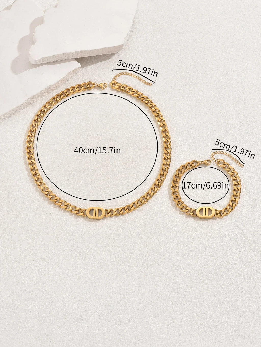 Gold Color Cuban Chain Necklace and Bracelet Set for Women with Geometric Charms