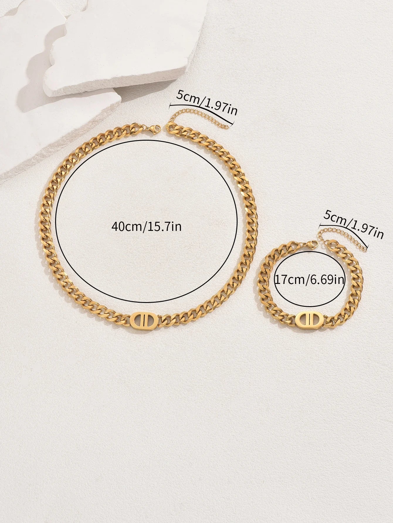 Gold Color Cuban Chain Necklace and Bracelet Set for Women with Geometric Charms