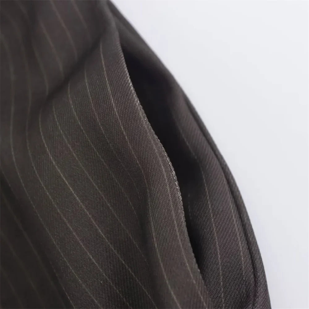 Autumn Women's Fashion Striped Loose Suit Coat with Buckle Decoration and High Waist Striped Pants Set