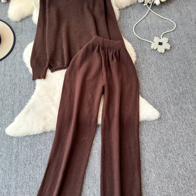 Knitted V-Neck Sweater and Straight Jogging Pants Women's Tracksuit Set