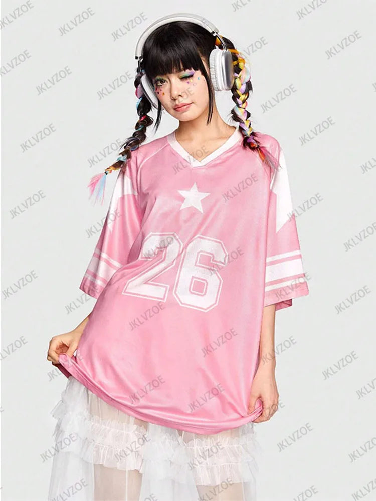 Oversized V-Neck T-Shirt For Women Casual Red Patchwork Short Sleeve Football Jersey Y2K Summer Tops