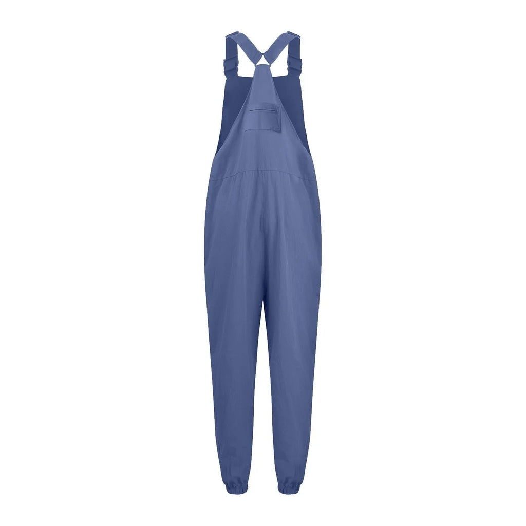Women's Summer Casual Loose Wide Leg Jumpsuit with Adjustable Straps Pockets and Retro Button Detail Solid Color Sleeveless Overalls