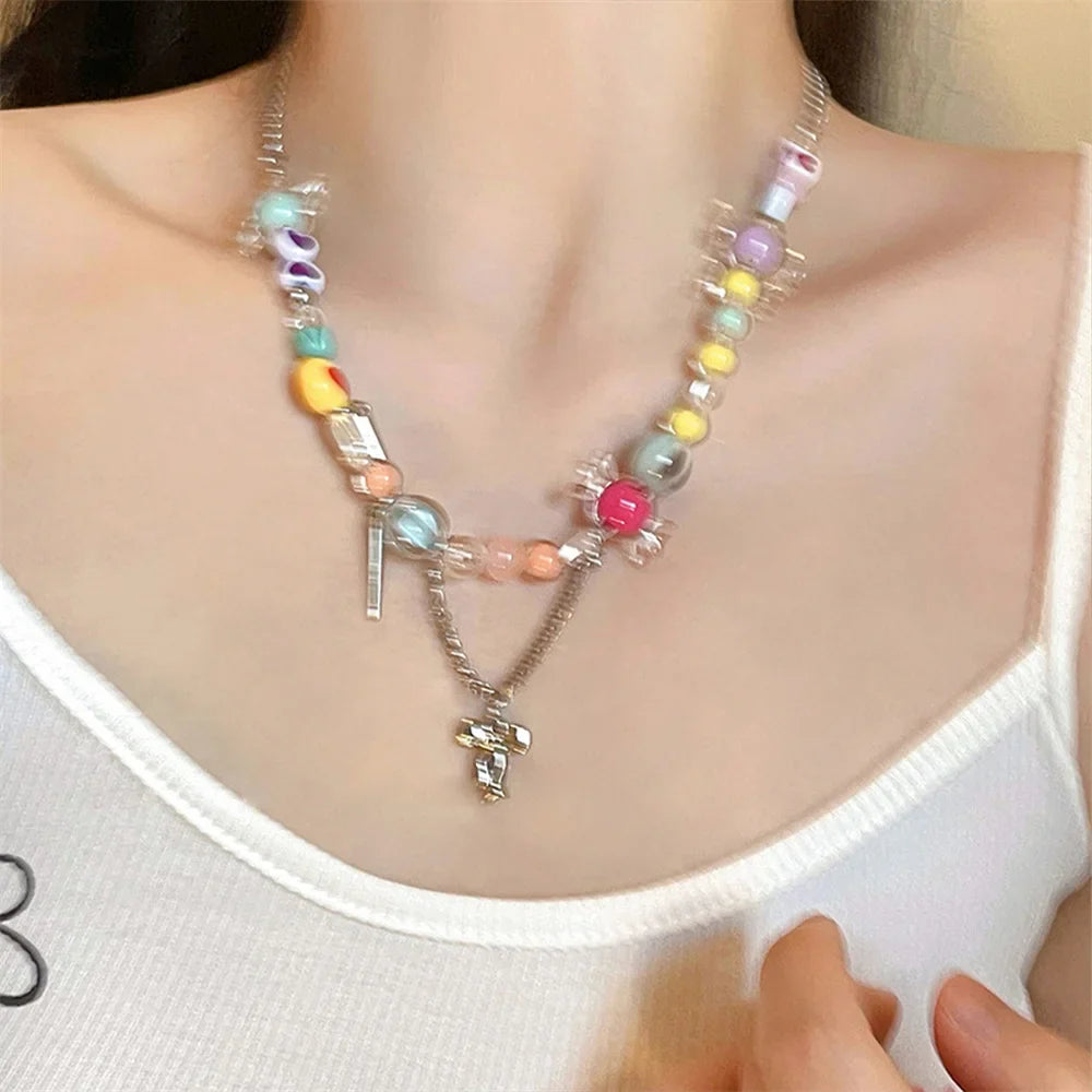 Colorful Square Acrylic Choker Necklace with Gold Bead Chain and Vintage Crystal for Women Party Jewelry