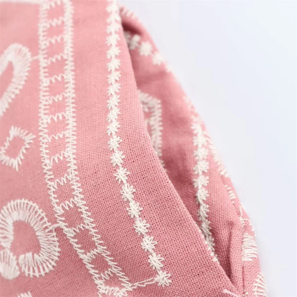 V-Neck Embroidered Kimono Style Mid-Length Windbreaker and High Waisted Straight Leg Pants Set for Women