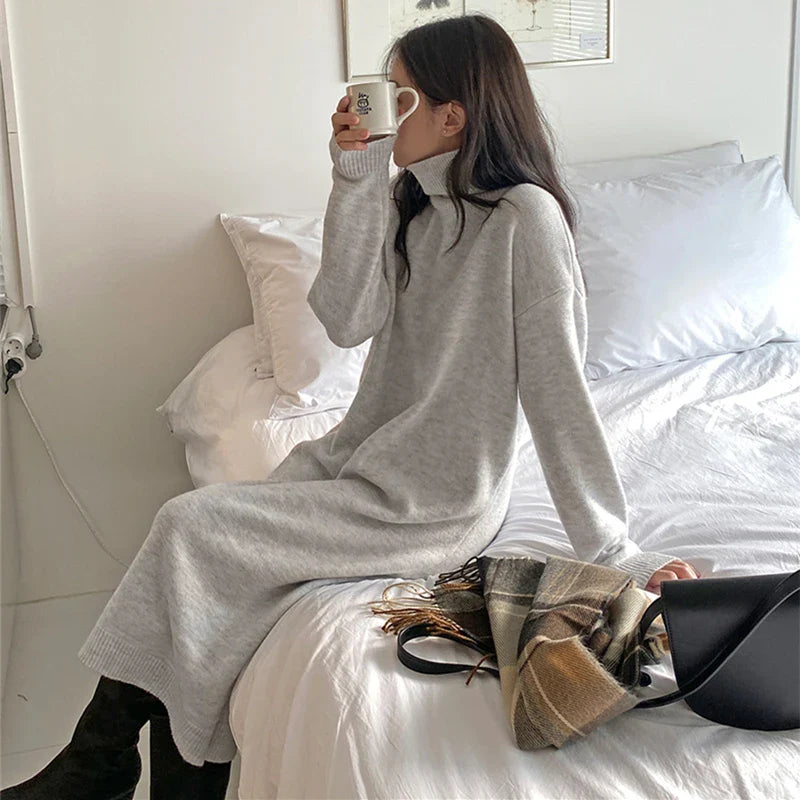 Cozy Turtleneck Sweater Dress For Women Knitted Long Sleeve