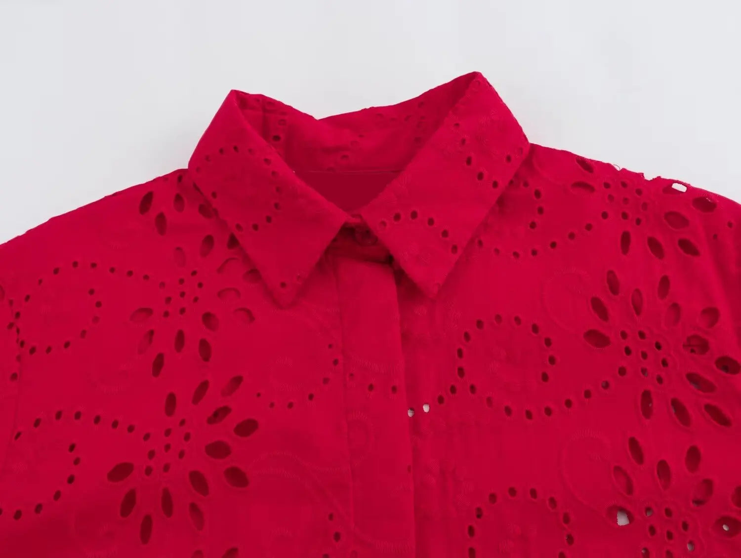 Women Casual Embroidered Hollow Single Breasted Lapel Shirt Top Long Sleeve Curved Hem Loose Fit Blouse