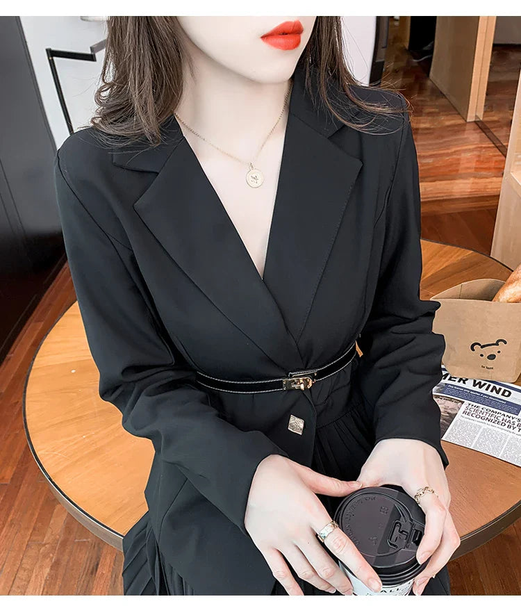 Faux Two Piece Dress With Blazer Collar Pleated Skirt