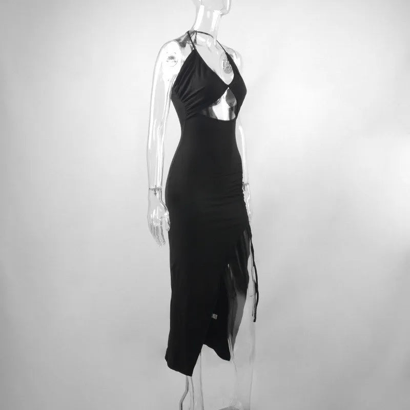 Black Backless Party Dress Halter Lace Up Hollow Out