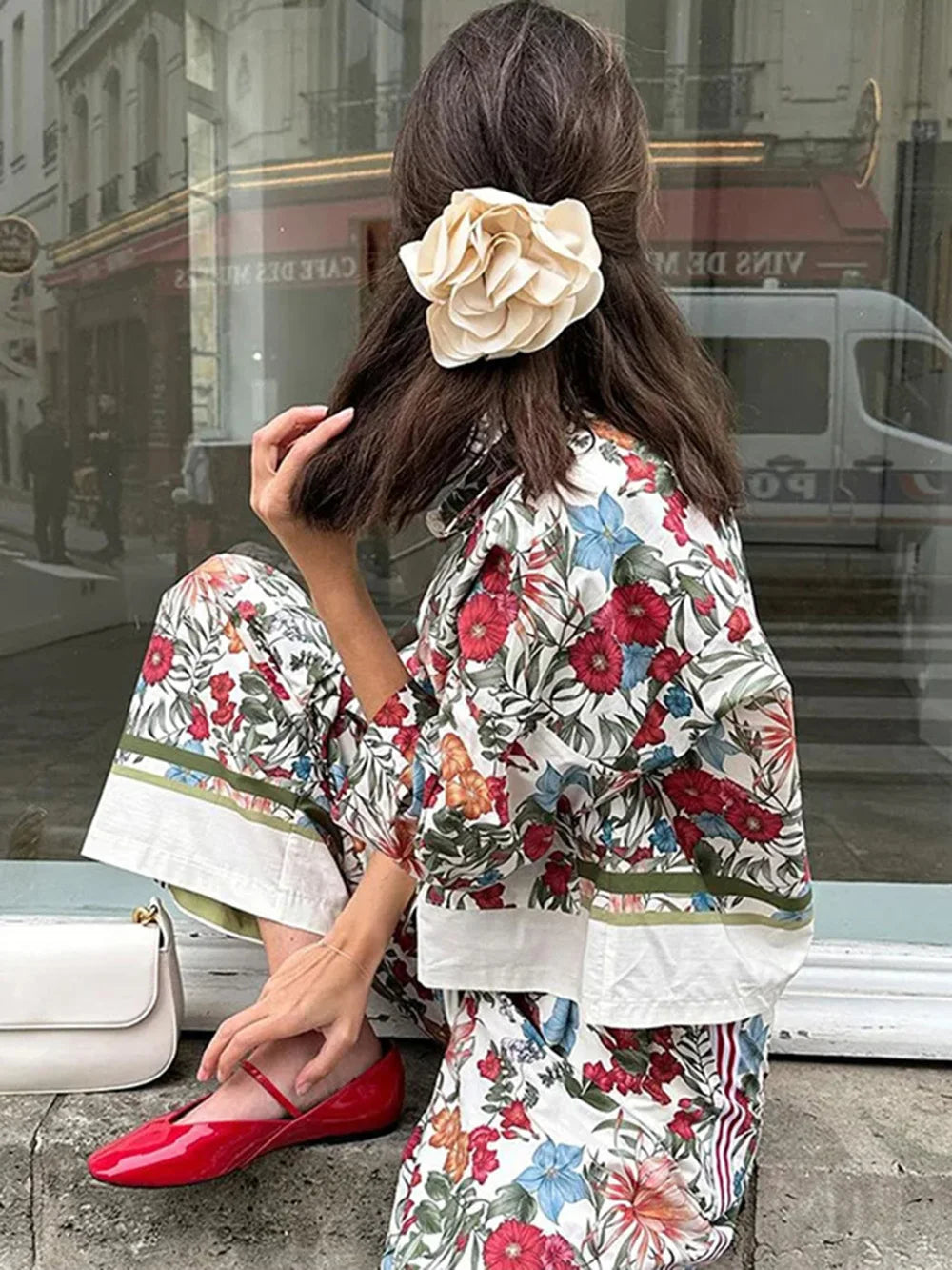 Women's Bohemian Casual Trousers Set with Long Sleeve Shirt and High Waisted Wide Leg Pants