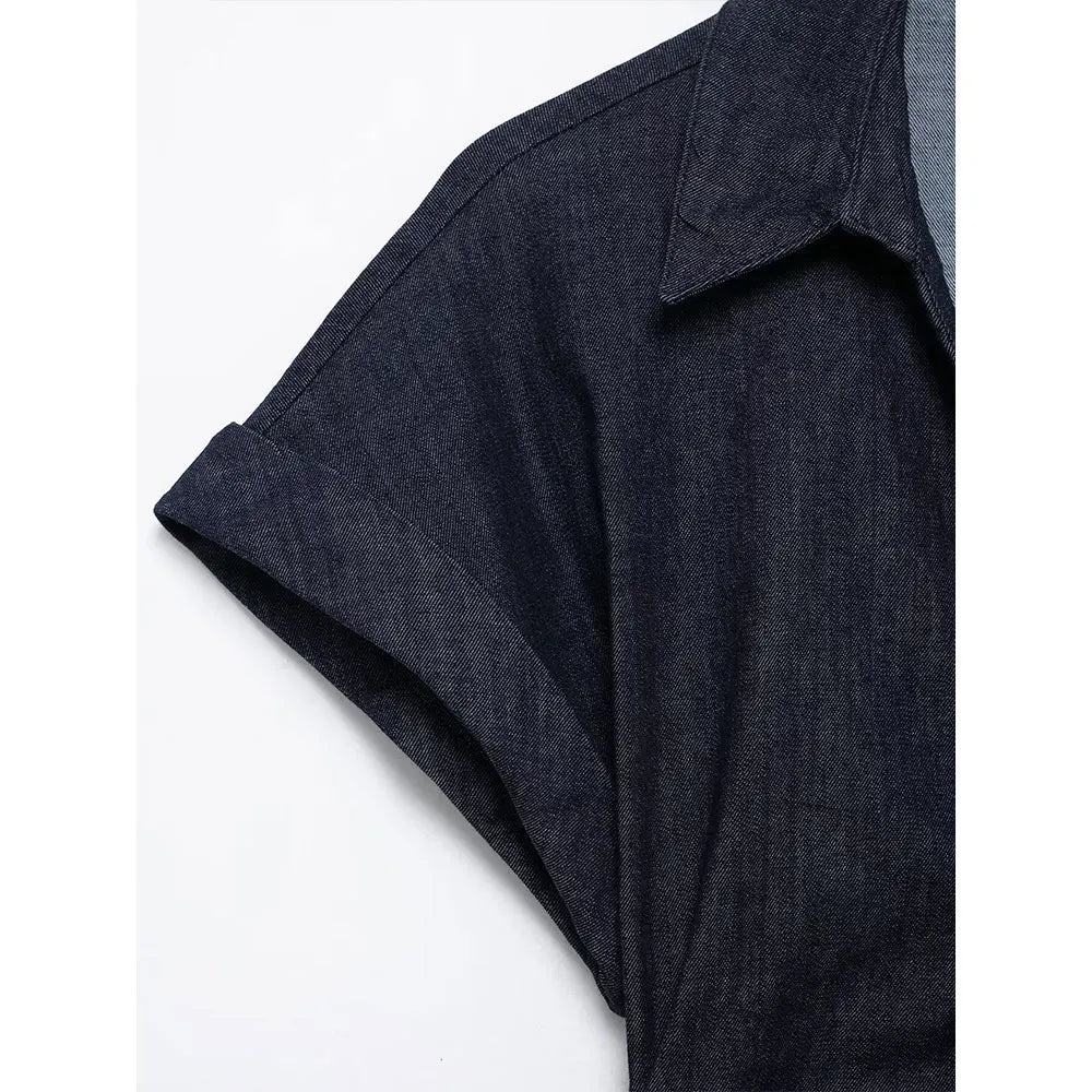 Navy Blue Pleated Denim Midi Dress for Women Short Sleeves