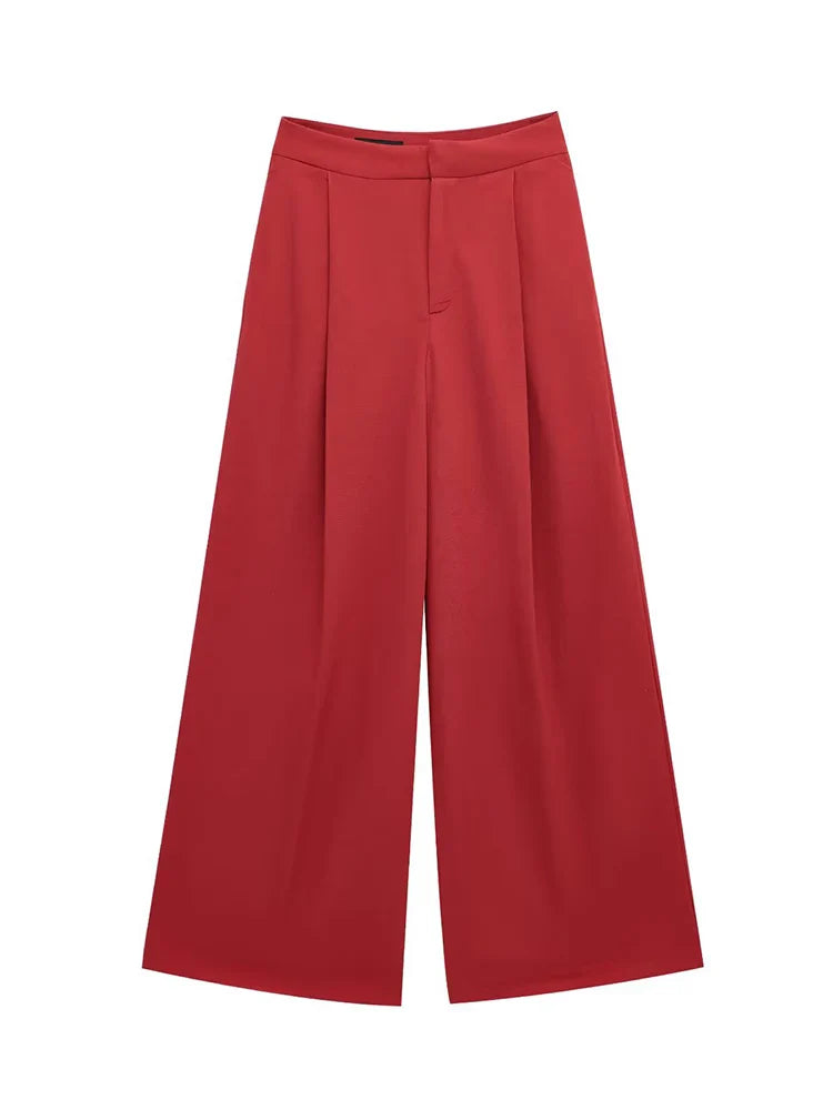 Elegant Red Women Pant Suit with Front Button Strapless Tank Top and Wide Leg Trousers Chic Fashion Streetwear Set