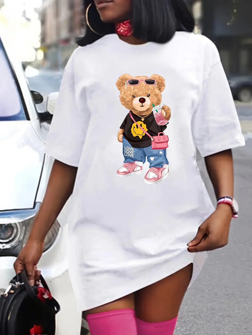 Women's Summer Bear Print T Shirt Dress Oversized Round Neck