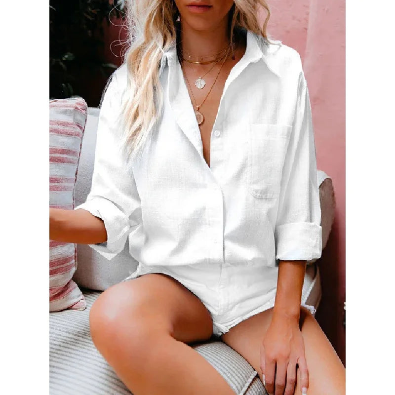 Women Casual Long Sleeve Cotton Linen Lapel Shirt Vintage Loose Blouse Oversized Office Tunic Elegant Solid Color Comfortable Top