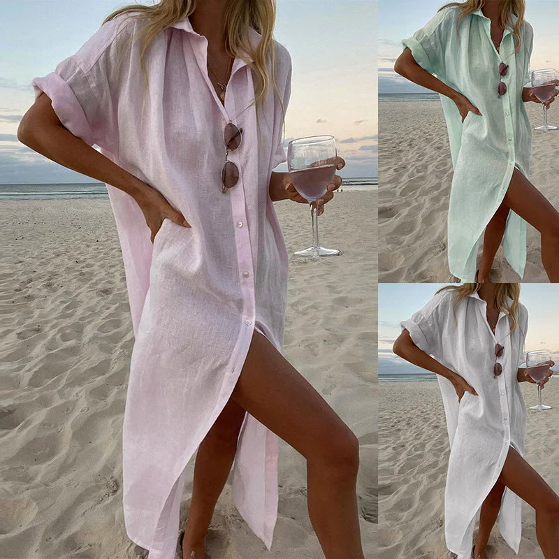 Women Summer Dress V Neck Button Front Beach Sundress