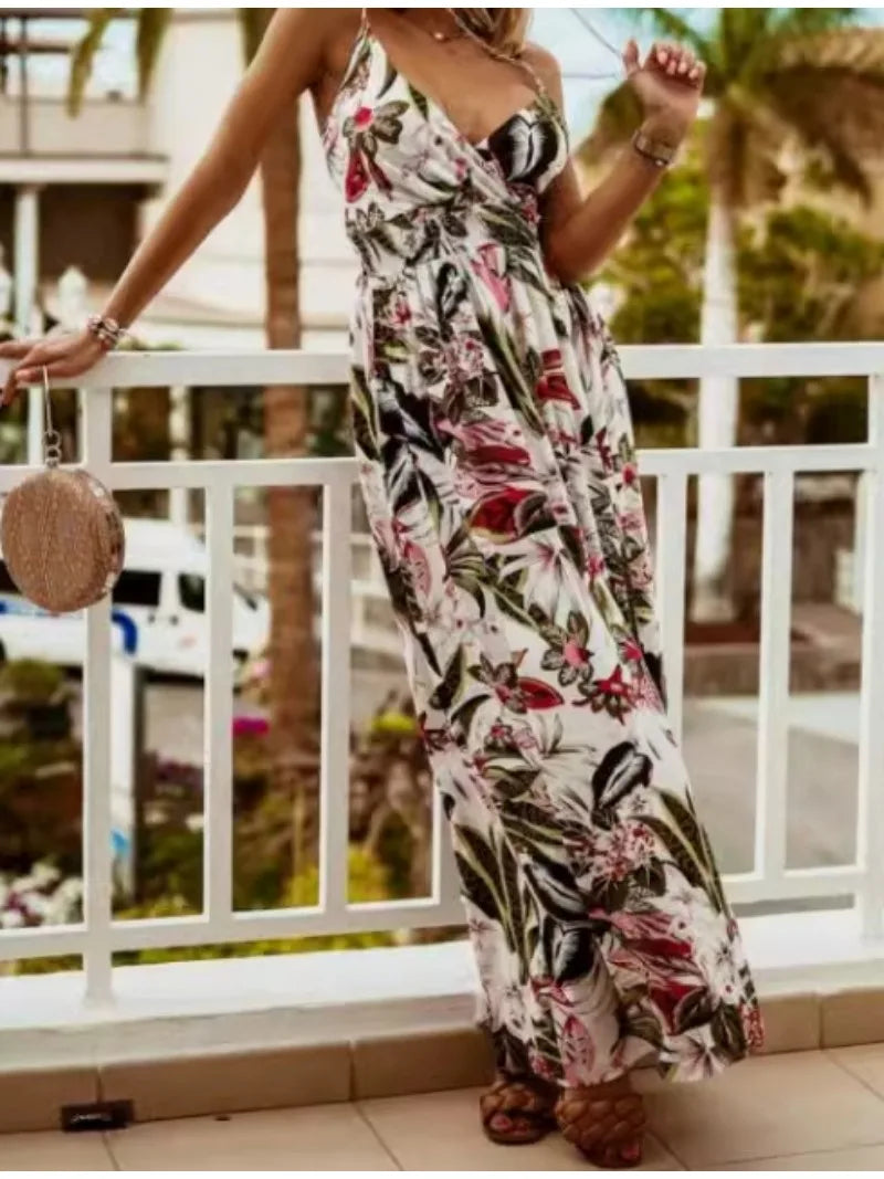Bohemian Floral Chiffon Summer Dress With V Neckline