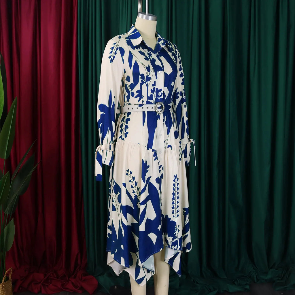 Printed Dress For Women Elegant Turn Collar Ankle Length