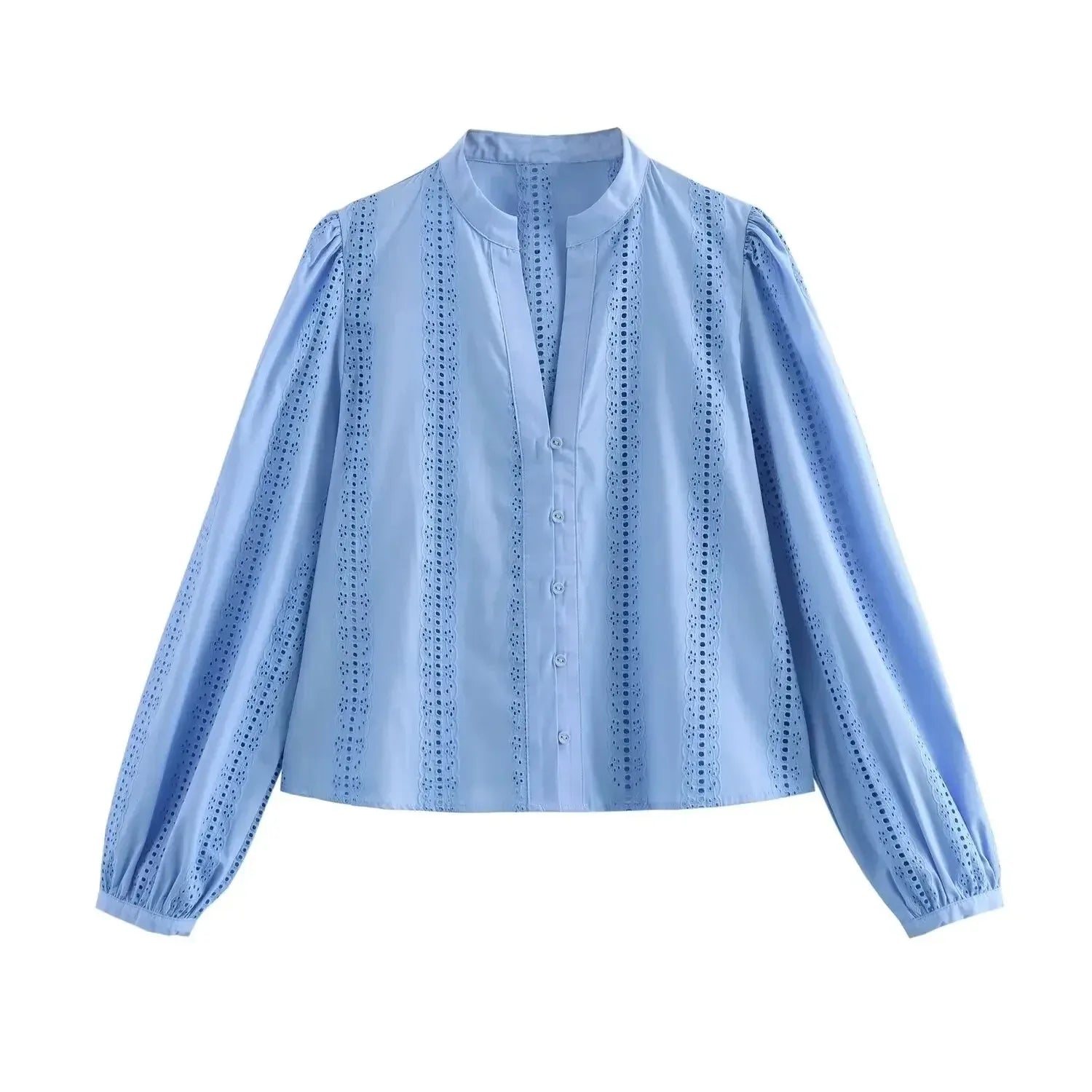 Loose Lace-Up White Shirt for Women Elegant Hollow Out Embroidered Puff Sleeve Cropped Top