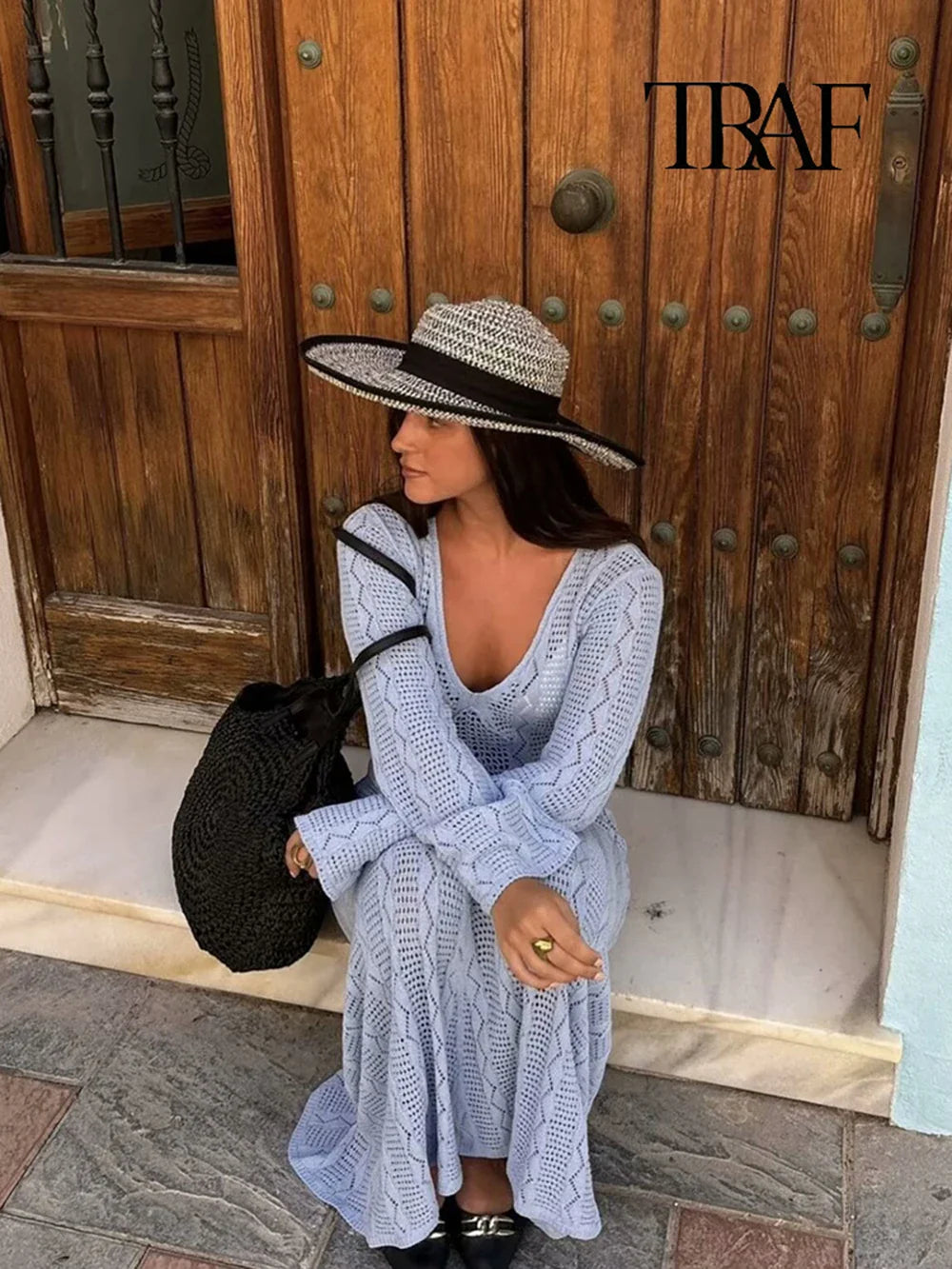 Blue Knit Beach Maxi Dress V Neck Long Sleeve Sheer