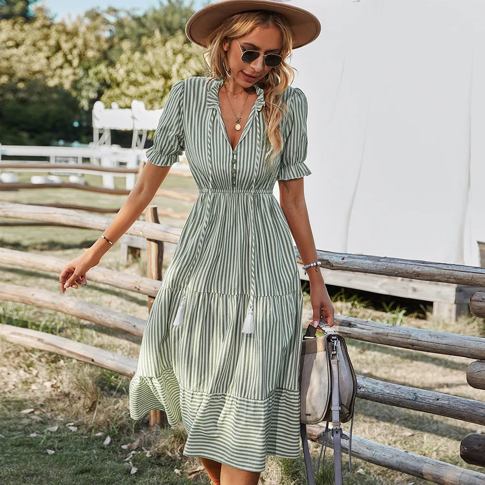 Striped Lantern Sleeve Midi Dress With V Neck Ruffles
