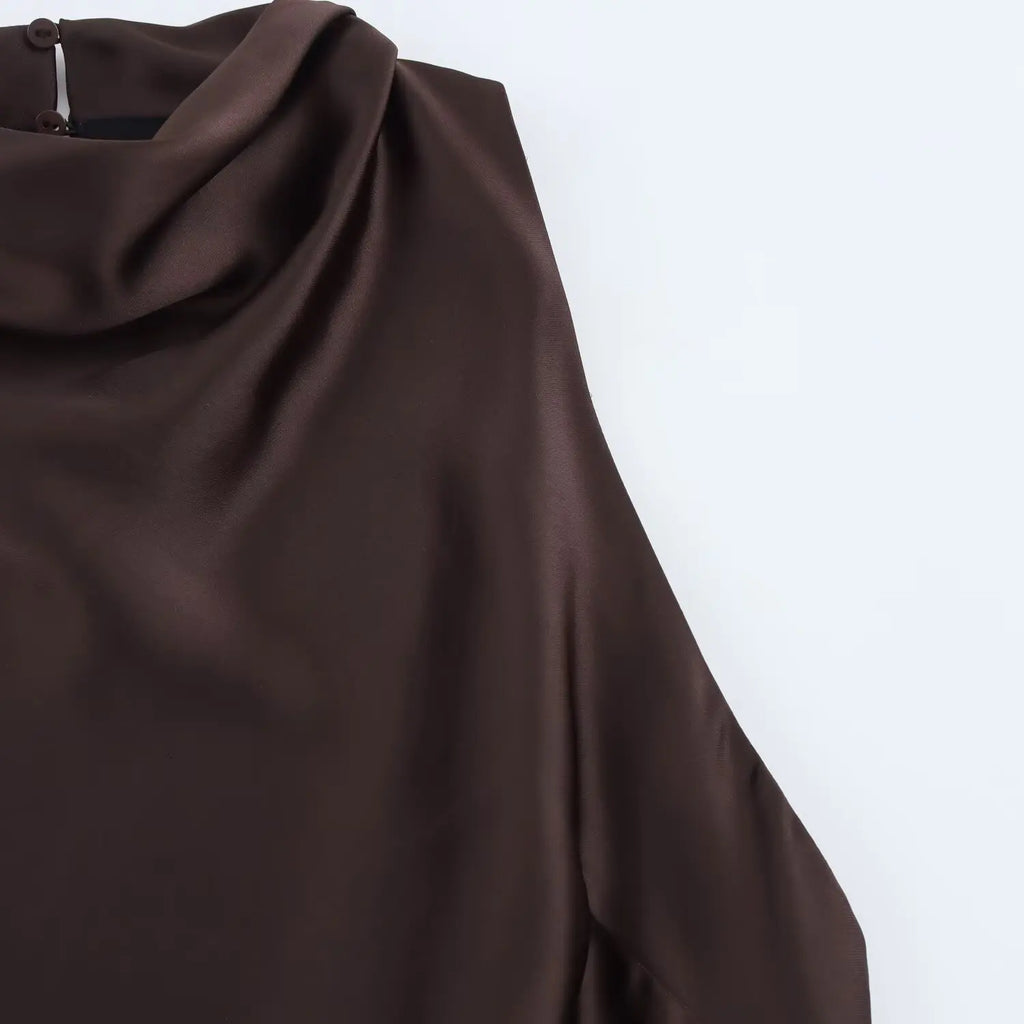 Elegant Satin Belt Midi Dress For Women Vintage Brown