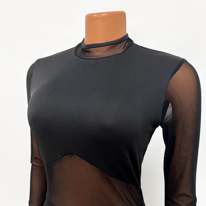 Sexy Black Transparent Mesh Jumpsuit Women Elastic See-Through Bodysuit One Piece Nightclub Outfit