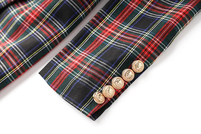 Black Red Plaid Blazer Dress With Belt For Office Women